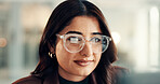 Corporate, woman and reading on laptop in office for accounting, finance agenda and review budget. Person, pc and glasses reflection for financial report, data entry and information for audit payment