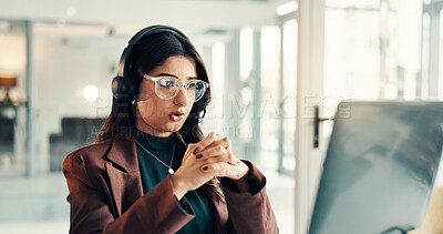 Buy stock photo Business, call center and woman with laptop, talking and conversation with connection. Person, employee and consultant with headset, PC and customer service with internet, communication and advice