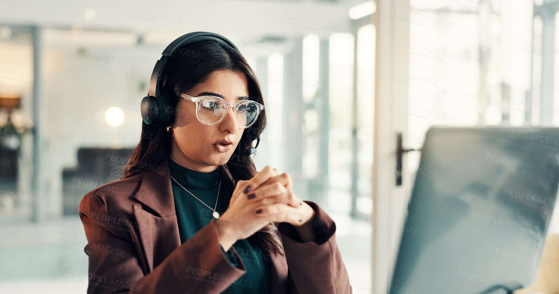 Buy stock photo Business, call center and woman with laptop, talking and conversation with connection. Person, employee and consultant with headset, PC and customer service with internet, communication and advice