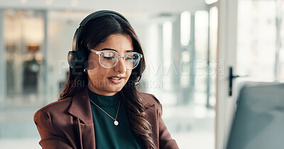 Buy stock photo Business, call center and woman in office, laptop and conversation with help desk. Person, employee and consultant in workplace, pc and customer service with internet, communication and connection