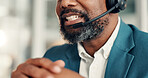 Businessman, consultant and mouth with mic in call center for customer service or online advice. Closeup, man or agent with headset for communication network, virtual assistance or help in workplace