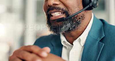 Buy stock photo Businessman, consultant and mouth with mic in call center for customer service or online advice. Closeup, man or agent with headset for communication network, virtual assistance or help in workplace