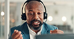 Headset, black man and call center agent in office with crm, communication or online consultation. Talking, mic and mature technical support consultant with customer service, contact us or help desk.