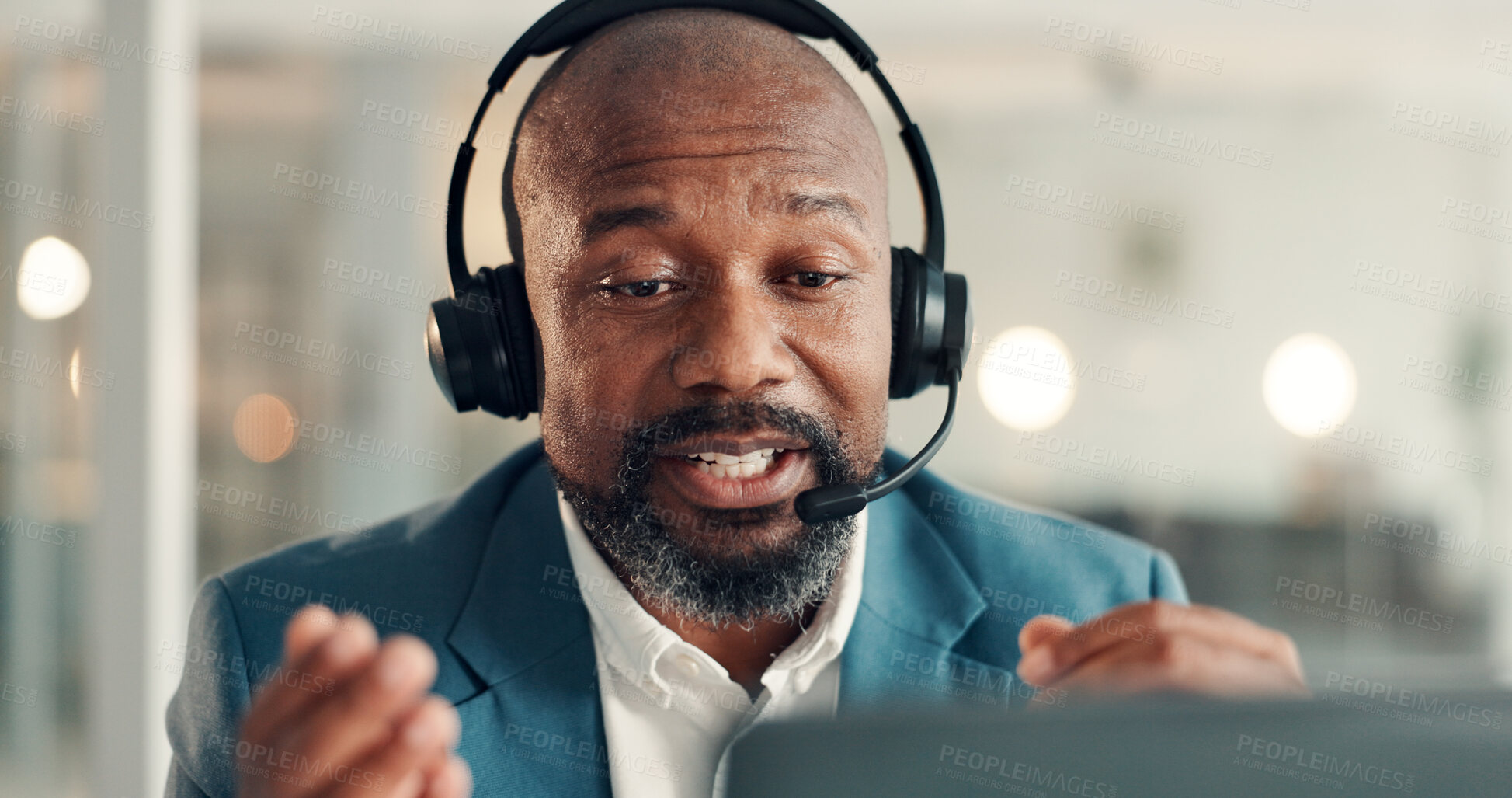 Buy stock photo Headset, black man and call center agent in office with crm, communication or online consultation. Talking, mic and mature technical support consultant with customer service, contact us or help desk.