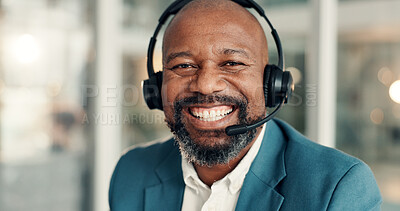 Buy stock photo Headset, black man and portrait of call center agent in office with CRM, communication or consultation. Smile, mic and mature technical support consultant with customer service, contact or help desk.