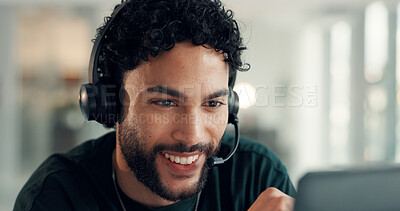 Buy stock photo Headset, smile and man call center agent in office with CRM, communication or online consultation. Happy, mic and male technical support consultant with customer service, contact us or help desk.