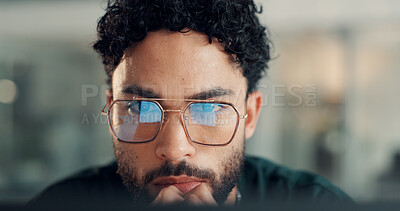 Buy stock photo Business, man and reading on laptop in office for accounting, finance report and review budget. Thinking, person and glasses reflection for financial analysis, data forecasting and asset management