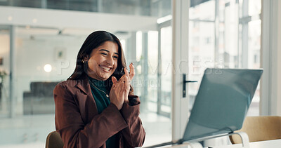 Buy stock photo Business, woman and applause with laptop in office for good news, positive feedback and story award. Excited, journalist and PC for article success, media recognition and promotion of publication win