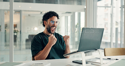Buy stock photo Business, man and fist pump with laptop in office for good news, positive feedback and story award. Smile, journalist and pc of article success, media recognition and promotion of publication victory