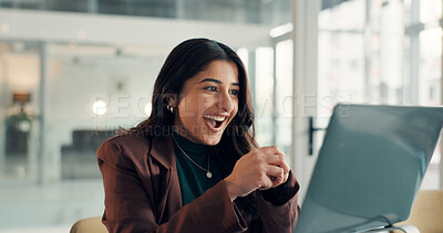 Buy stock photo Excited, woman and reading on laptop in office for good news, positive feedback and story award. Surprise, journalist and PC with article success, media recognition and promotion of publication bonus