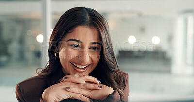 Buy stock photo Happy, business and woman with laptop in office for good news, positive feedback and story award. Smile, journalist and pc with article success, media recognition and promotion of publication funding