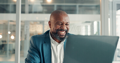 Buy stock photo Business, smile and black man in office, laptop and online reading with email, investment and internet. Person, excited and pc with bonus, promotion and trading with profit increase or stock market