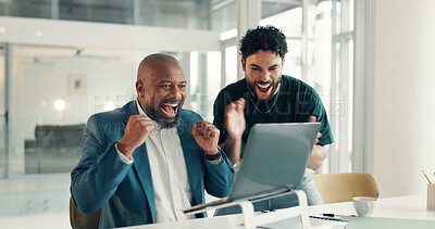 Buy stock photo Business, laptop and men in office, celebration and support with investment, email and winning. Computer, people and employees in workplace, cheering or excited with internet, victory or stock market