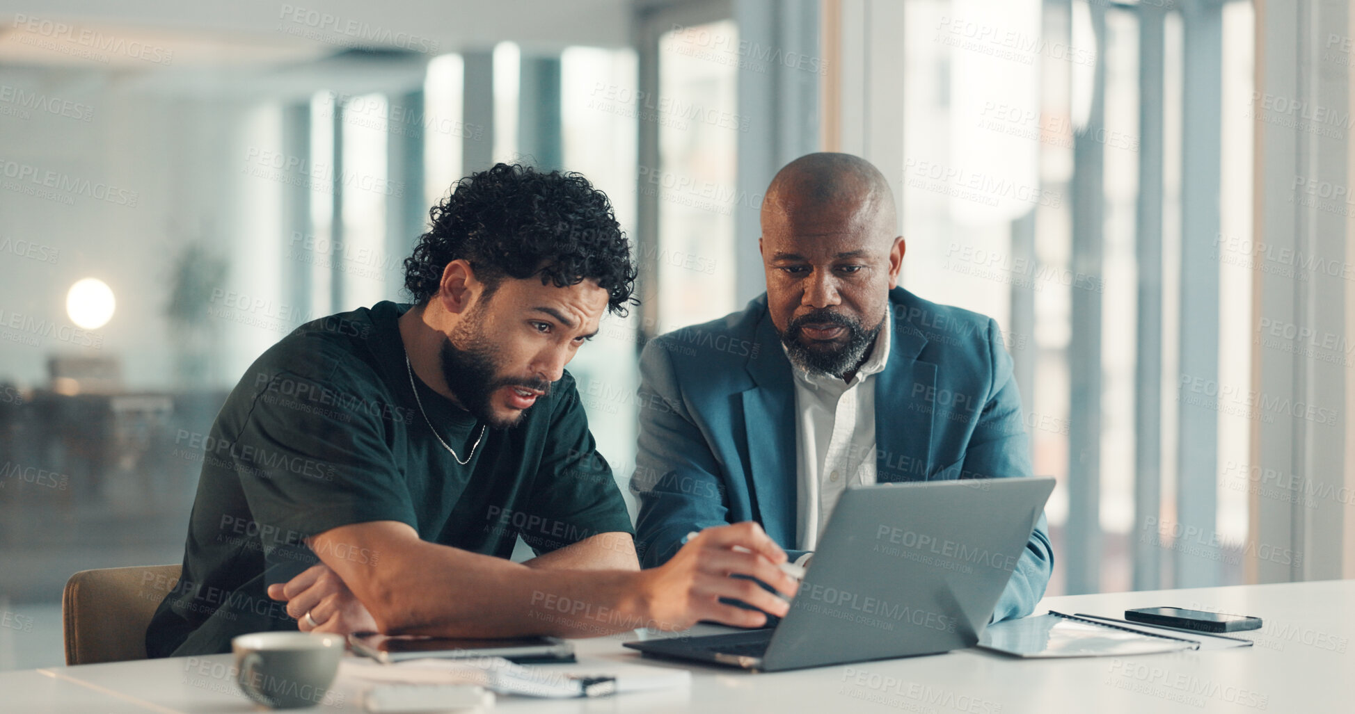 Buy stock photo Business, people and reading on laptop in office for accounting, finance policy and review budget. Team, PC and explain information for financial report, tax preparation and audit payment of company