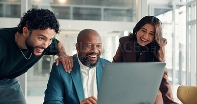 Buy stock photo Business, laptop and people in workplace, celebration and support with investment, internet and winning. Pc, group and employees with email, cheering and excited with cooperation and stock market