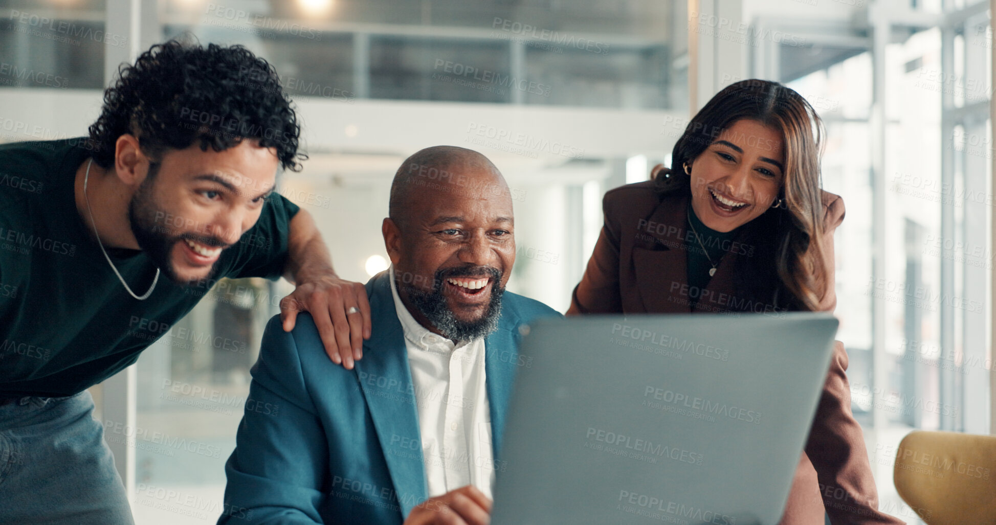 Buy stock photo Business, laptop and people in workplace, celebration and support with investment, internet and winning. Pc, group and employees with email, cheering and excited with cooperation and stock market