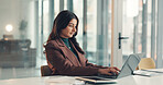 Business, typing and woman in office, laptop and online reading with email, investment and website info. Financial agency, person and employee in workplace, pc and trading with connection or internet