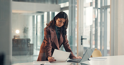 Buy stock photo Business, woman and document with laptop in office for accounting, finance report and review budget. Accountant, pc and paperwork for financial information, check proposal and policy of audit payment