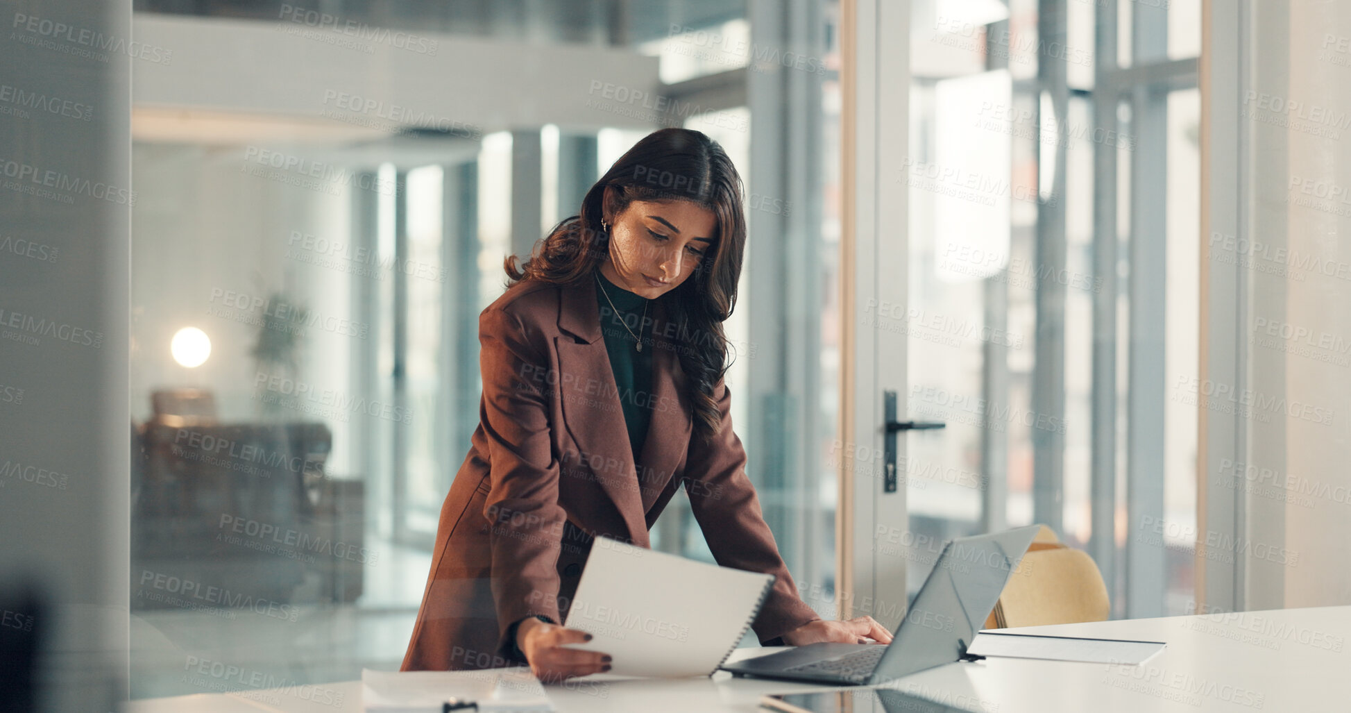 Buy stock photo Business, woman and document with laptop in office for accounting, finance report and review budget. Accountant, pc and paperwork for financial information, check proposal and policy of audit payment
