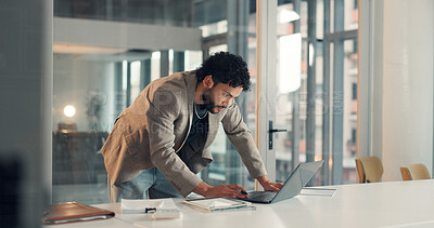 Buy stock photo Business, internet and man in workplace, laptop and online reading with email, stock market and investment. Financial agency, person and employee in office, PC and trading with budget report