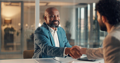 Buy stock photo Handshake, finance deal and business men in office for partnership, thank you or contract. Happy, meeting and male financial manager shaking hands with client for investment agreement in workplace.