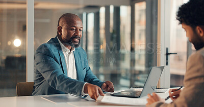 Buy stock photo Business man, contract and human resources with new hire for job, meeting and legal documents for vacancy. Onboarding, recruitment and people at workplace for employment agreement or paperwork