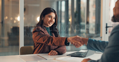Buy stock photo Handshake, finance deal and business people in office for partnership, thank you or contract. Happy, meeting and financial manager shaking hands with client for investment agreement in workplace.