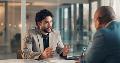 Buy stock photo Business, documents and men in office, consultation and conversation with financial expert. Employees, paperwork and advisor in meeting, budget report and investment banker with advice for savings