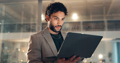 Buy stock photo Business, night and man in office, laptop and online reading with email, stock market and internet. Evening, person and employee in workplace, PC and trading with economy website and financial agency