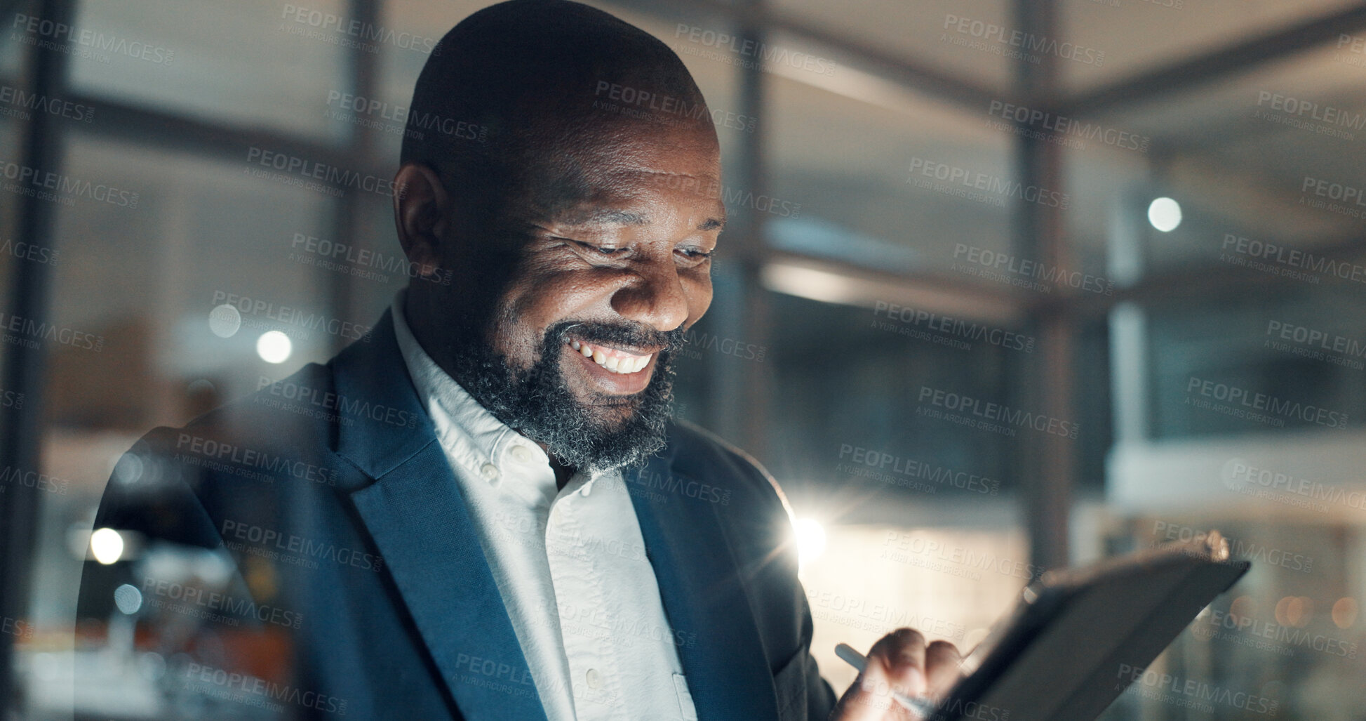 Buy stock photo Business, tablet and happy black man in office for insurance or policy review at night. Technology, mature broker and online in workplace for reading email with claims, bokeh and flare on overtime