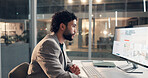 Business, man and computer in office at night for startup, strategy ideas and review information. Person, pc screen and reading for online research, website tutorial and deadline for career expansion