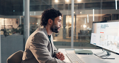 Buy stock photo Business, man and computer in office at night for startup, strategy ideas and review information. Person, pc screen and reading for online research, website tutorial and deadline for career expansion