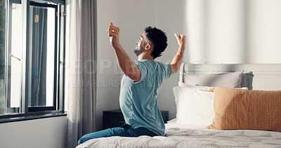 Buy stock photo Stretching, wake up and morning with man in bedroom for routine, relax and rest or getting ready. Start of day, health and wellness with person in bed of home for peace, calm and comfort in house