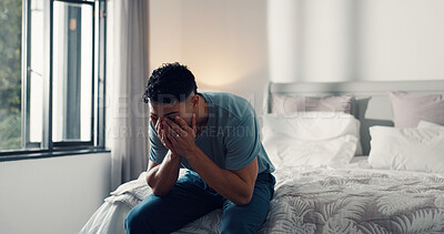 Buy stock photo Frustrated man, tired or bed with stress for insomnia, sleep apnea or deprivation in home. Male person, mental health or anxiety with depression, fatigue or emotional crisis for mistake in bedroom