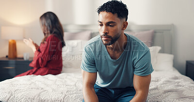 Buy stock photo Man, thinking or bed with regret for cheating affair, fight or confrontation in home. Upset, male person or disappointed with guilt in separation for bedroom dispute, conflict or divorce in house