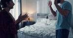 Angry couple, bed and argument with fight for cheating affair, accusation or confrontation in home. Man, woman or disagreement in bedroom dispute or toxic relationship for divorce or separation