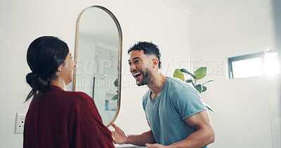 Buy stock photo Happy, laugh and couple in bathroom in home for bonding, grooming and morning routine together. Dating, relationship and man with woman with funny joke for hygiene, wellness and health in house
