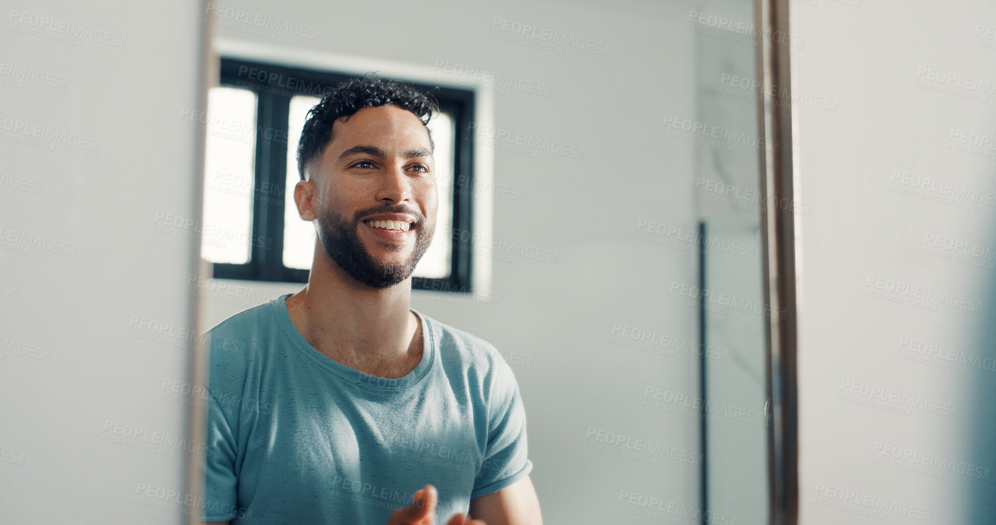 Buy stock photo Smile, mirror and man in bathroom, skincare and grooming with wellness, morning routine and glow. Reflection, home and person with happiness, healthy skin and confidence with shine and dermatology