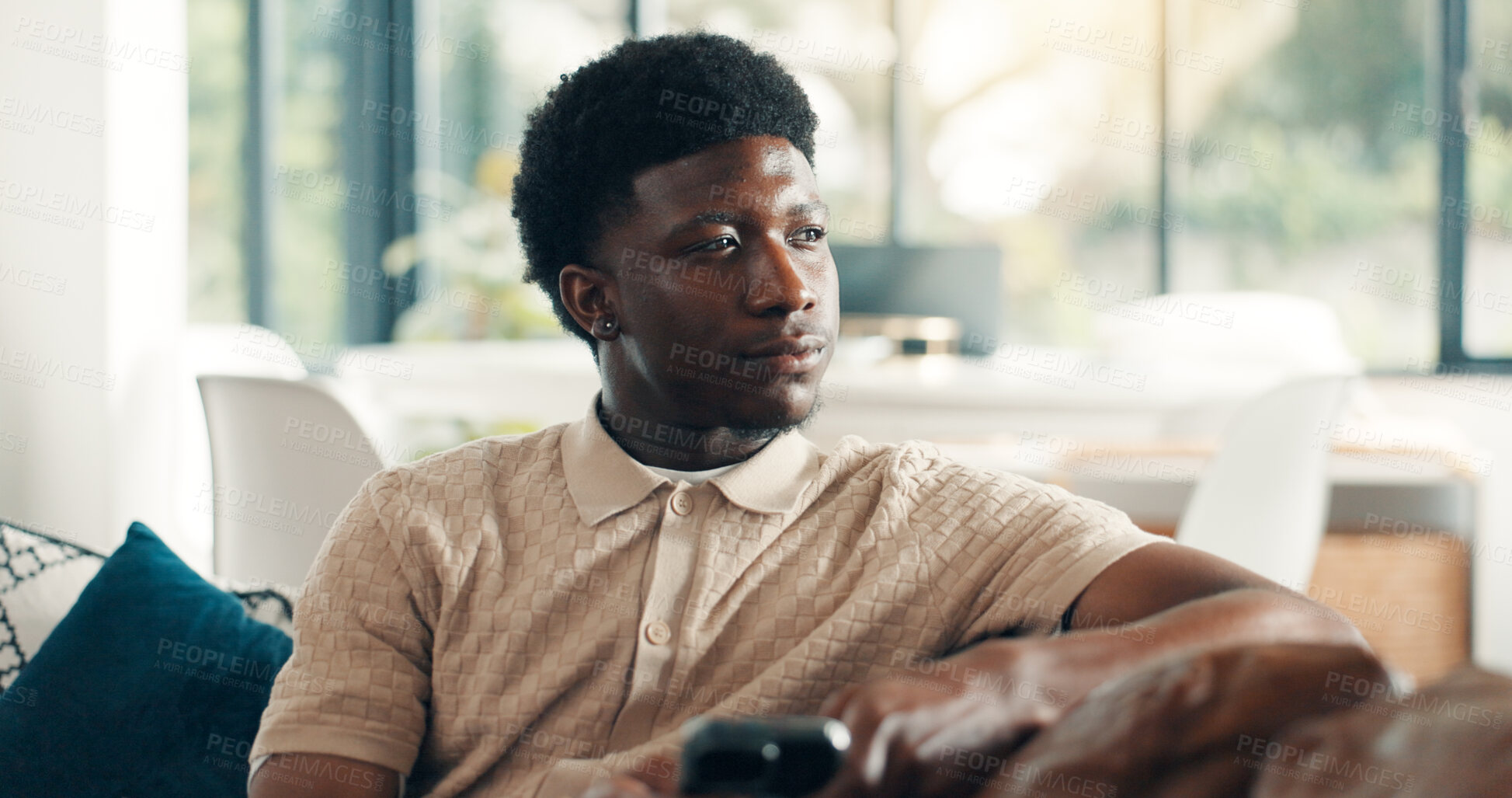 Buy stock photo Home, thinking and black man on sofa, smartphone and decision with break, social media and relax. Apartment, cellphone and African person on couch, thoughtful and calm with reflection, app or message