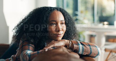 Buy stock photo Relax, thinking and quiet with woman on sofa in living room of home for memories or nostalgia. Break, idea and reflection with happy African person in apartment for me time, planning or vision