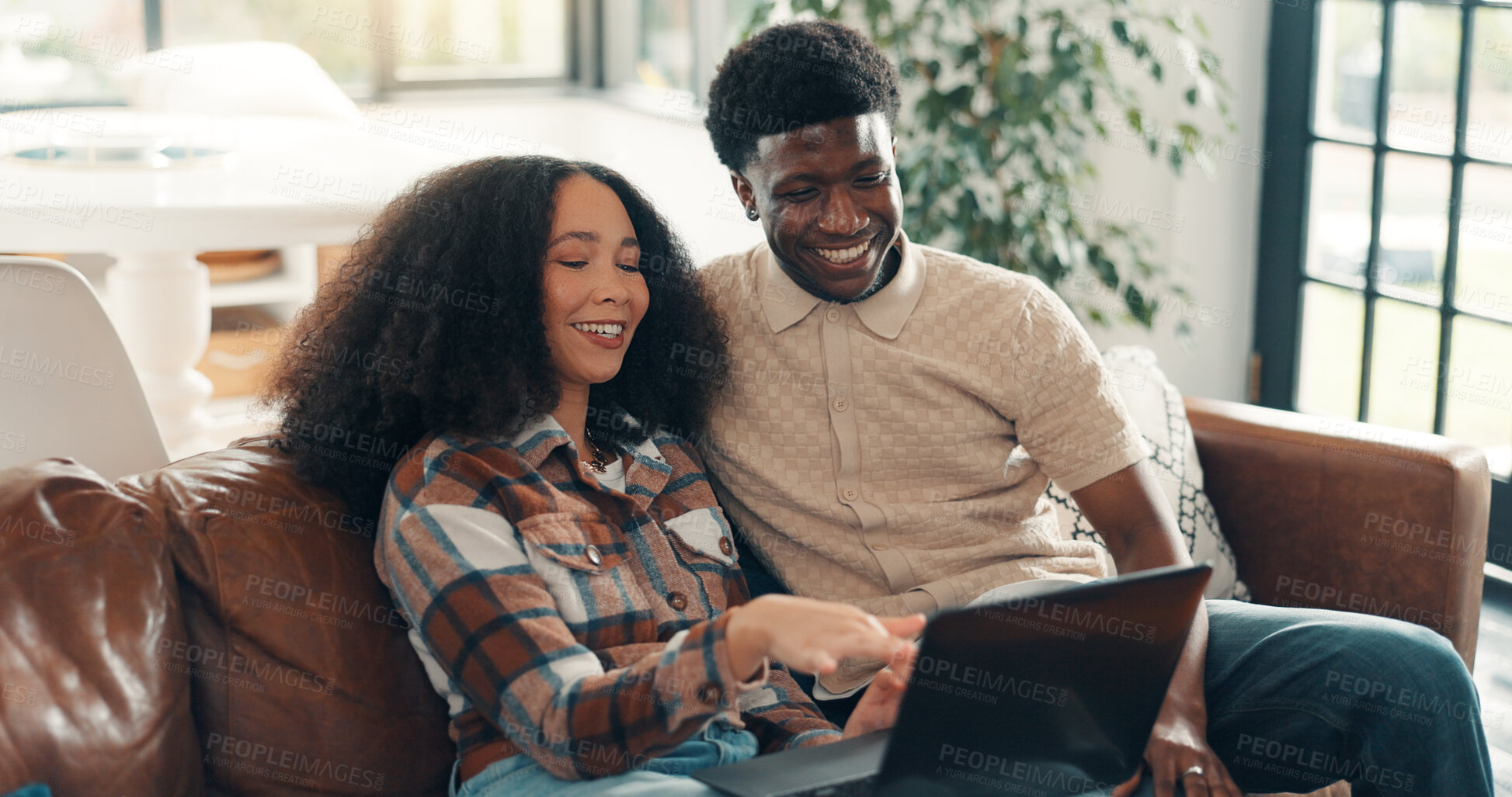 Buy stock photo Home, laptop and couple on sofa, smile and bonding together with online reading, funny and love. Apartment, man and woman on couch, computer and humor with comedy video, relationship and relax
