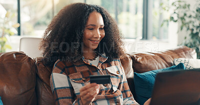 Buy stock photo Credit card, laptop and smile with woman on sofa for online shopping, ecommerce and sales discount. Digital payment, banking website and customer or person in living room of home for fintech