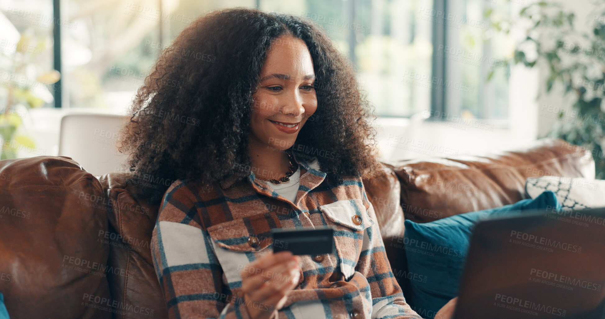 Buy stock photo Credit card, laptop and smile with woman on sofa for online shopping, ecommerce and sales discount. Digital payment, banking website and customer or person in living room of home for fintech