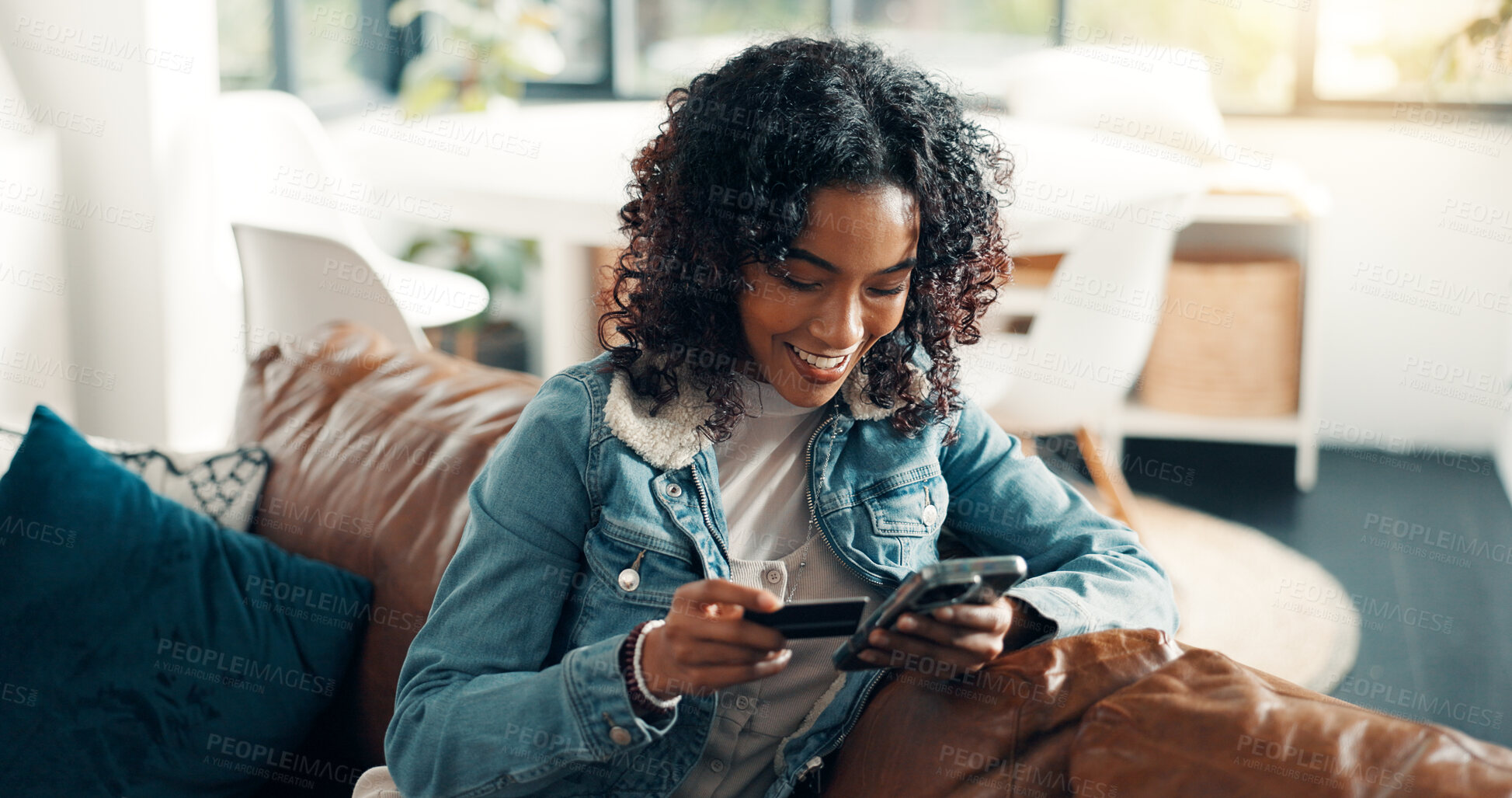 Buy stock photo Credit card, phone and smile with woman on sofa for online shopping, ecommerce and sales discount. Digital payment, banking app and customer or person in living room of home for fintech and purchase