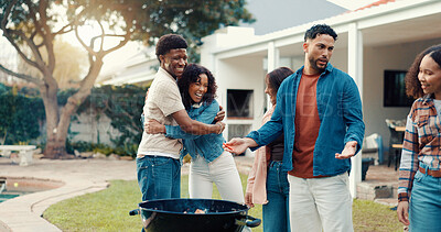Buy stock photo Happy people, friends and hug with grill in backyard for BBQ food, social connection or bonding. Group, community or embrace with smile for fun barbecue, gathering or outdoor get together in garden