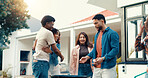 Group, people and grill for bbq outdoor to start fire, new years party and social gathering. Friends, hug and prepare barbecue for lunch reunion, setup flame and bonding activity in backyard at house