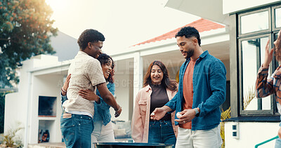 Buy stock photo Group, people and grill for BBQ outdoor to start fire, new years party and social gathering. Friends, hug and prepare barbecue for lunch reunion, setup flame and bonding activity in backyard at house