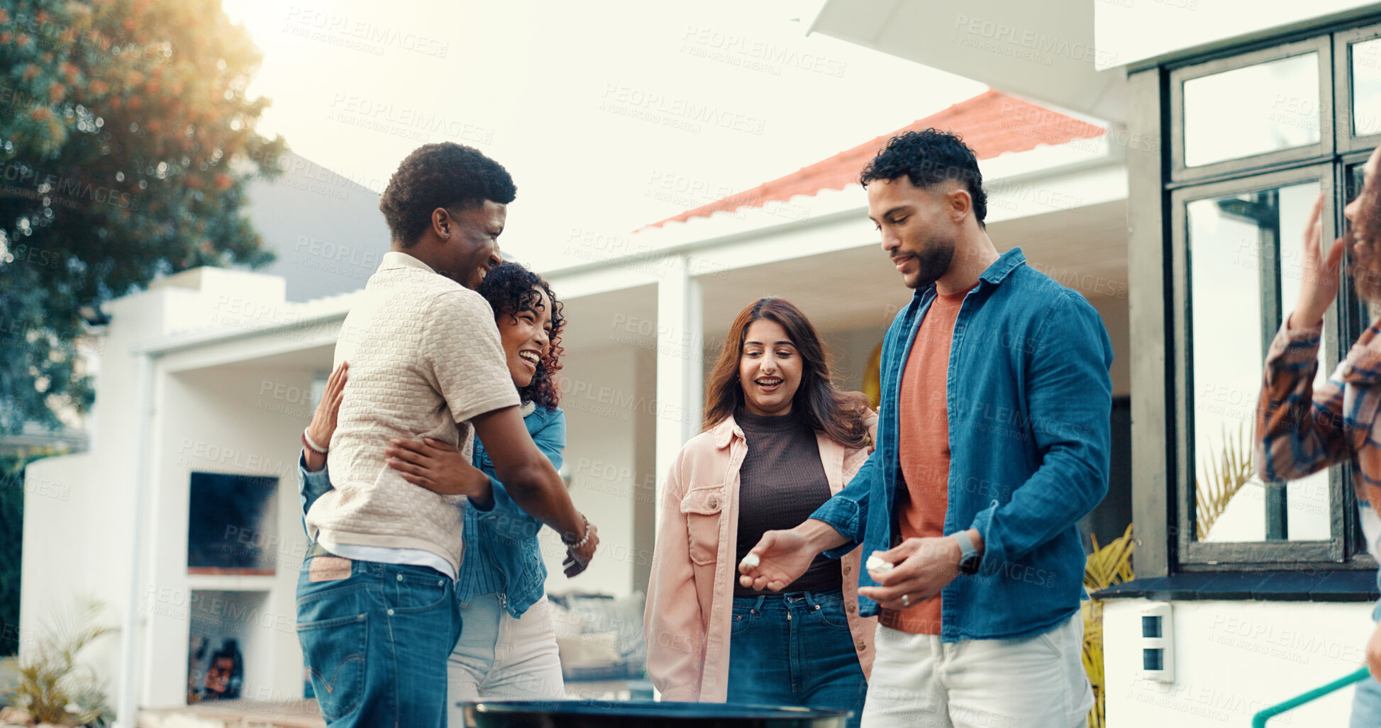 Buy stock photo Group, people and grill for BBQ outdoor to start fire, new years party and social gathering. Friends, hug and prepare barbecue for lunch reunion, setup flame and bonding activity in backyard at house