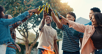 Buy stock photo BBQ, friends and toast beer outdoor for reunion celebration, social gathering or bonding at party. Happy, group of people and cheers drinks at fire for backyard event, weekend fun or hangout together