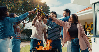 Buy stock photo BBQ, friends and cheers with beer outdoor for new years party, celebration or social gathering in garden. Happy, group of people and toast drinks at fire for backyard event, hangout and reunion